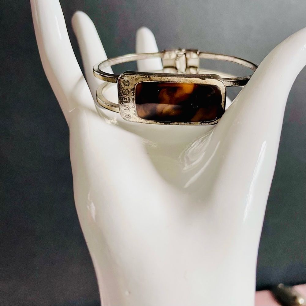 Vintage Guess silver tone cuff bracelet with faux tiger eye